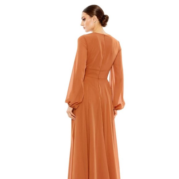 Mac Duggal Terra Cotta Chiffon Long Sleeve Plunge V-Neck Gown Size: 4 NWT - Picture 1 of 5